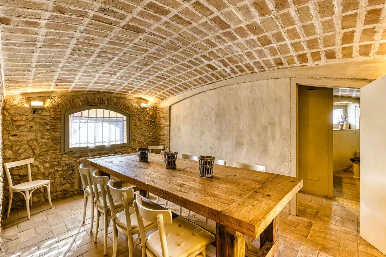 Vaulted indoor dining room
