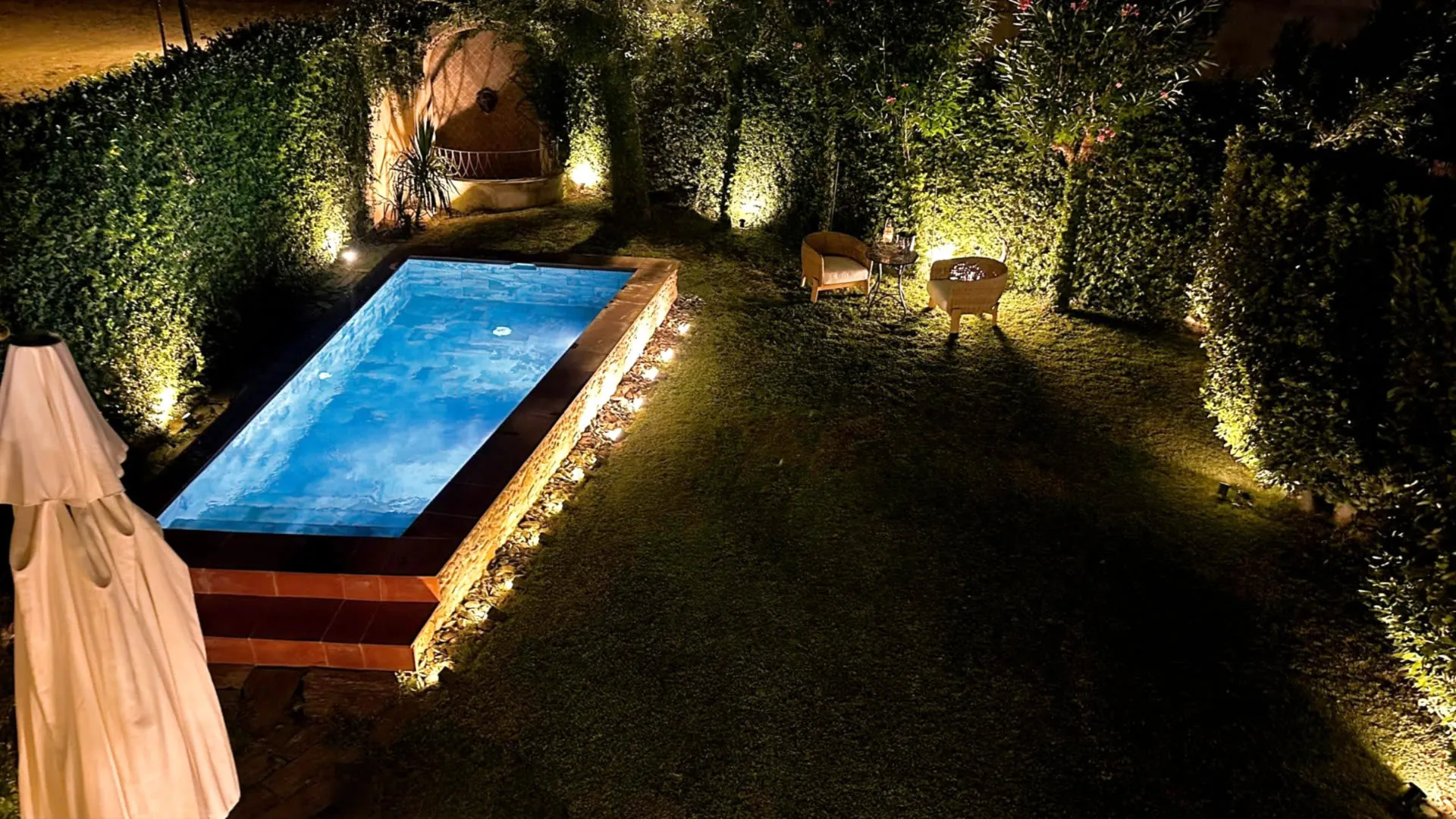 Garden and pool by night